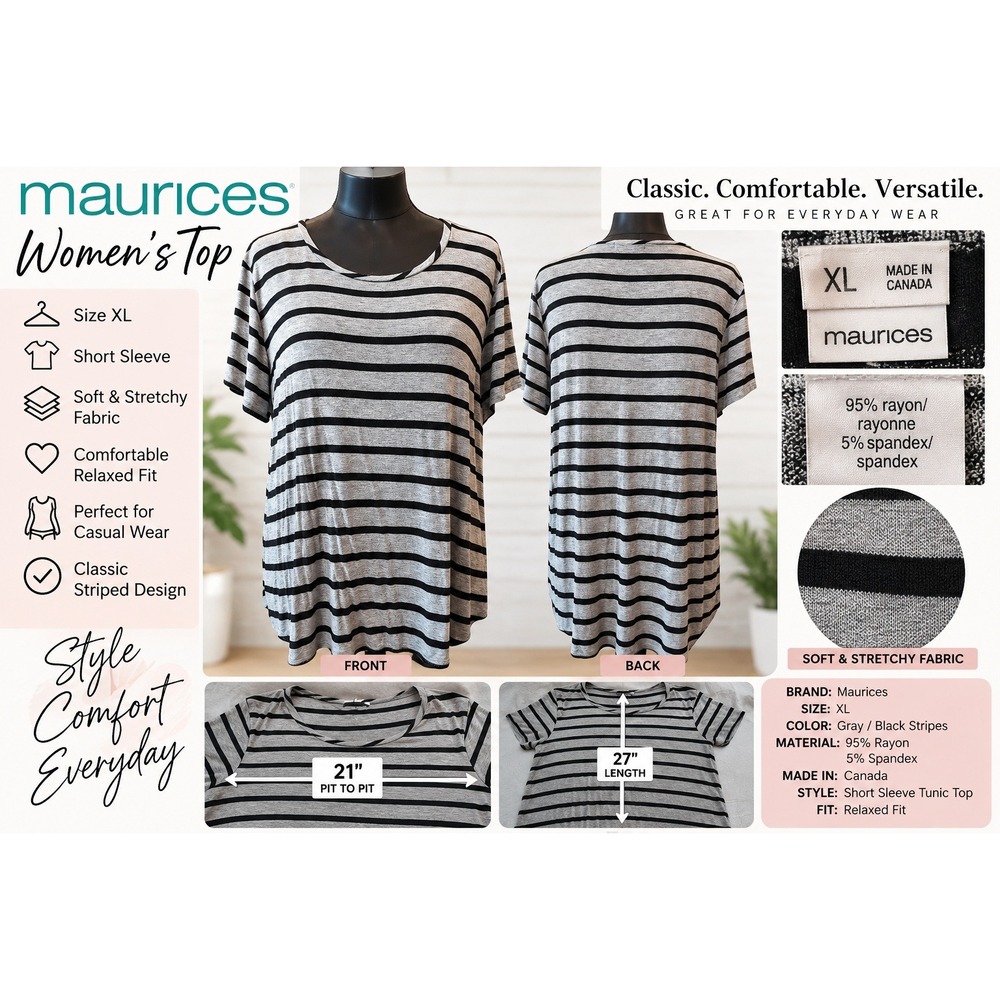 Maurices Womens XL Gray Black Striped Short Sleeve Tunic Top Relaxed Fit